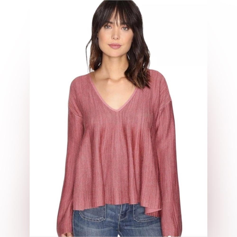 Free People Sundae Pullover Thermal Tunic Sweater V-Neck Bell Sleeve